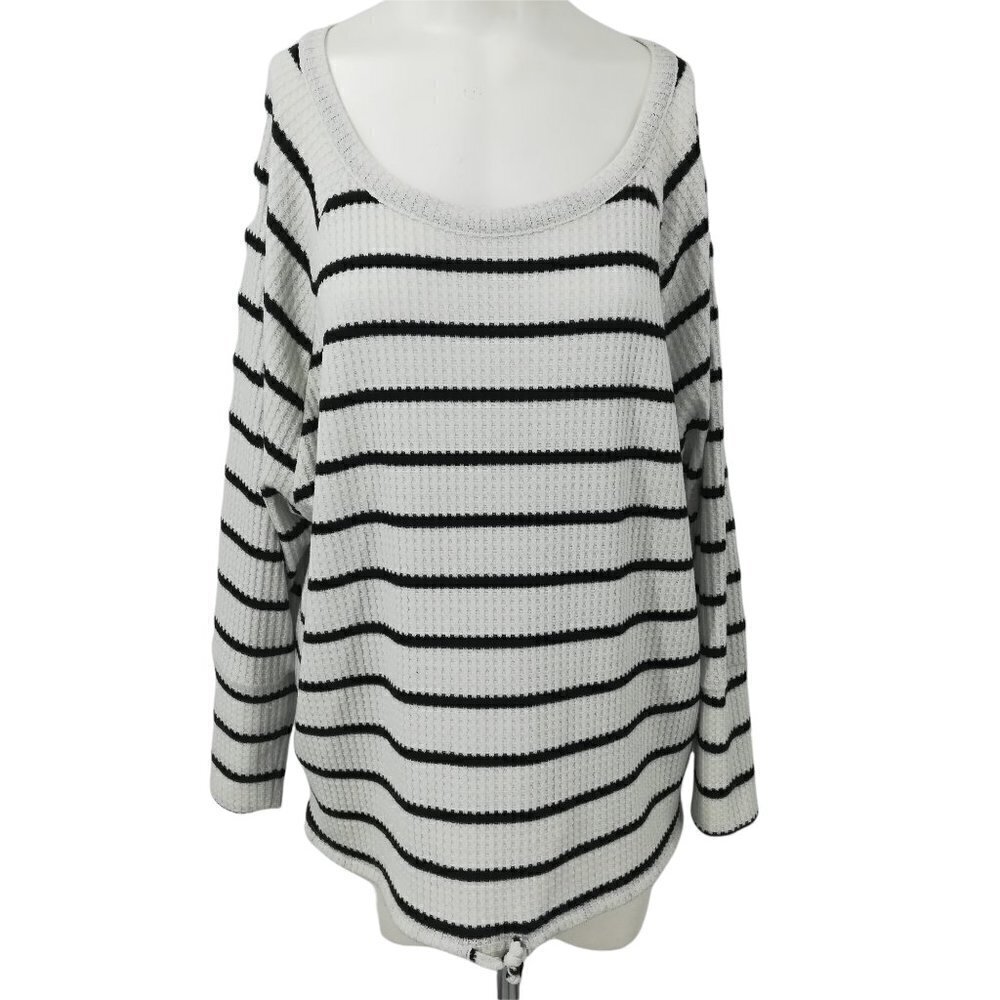 Chaser Waffle Knit Long Sleeve Shirt Size L Oversized Stripe Drawstring Waist